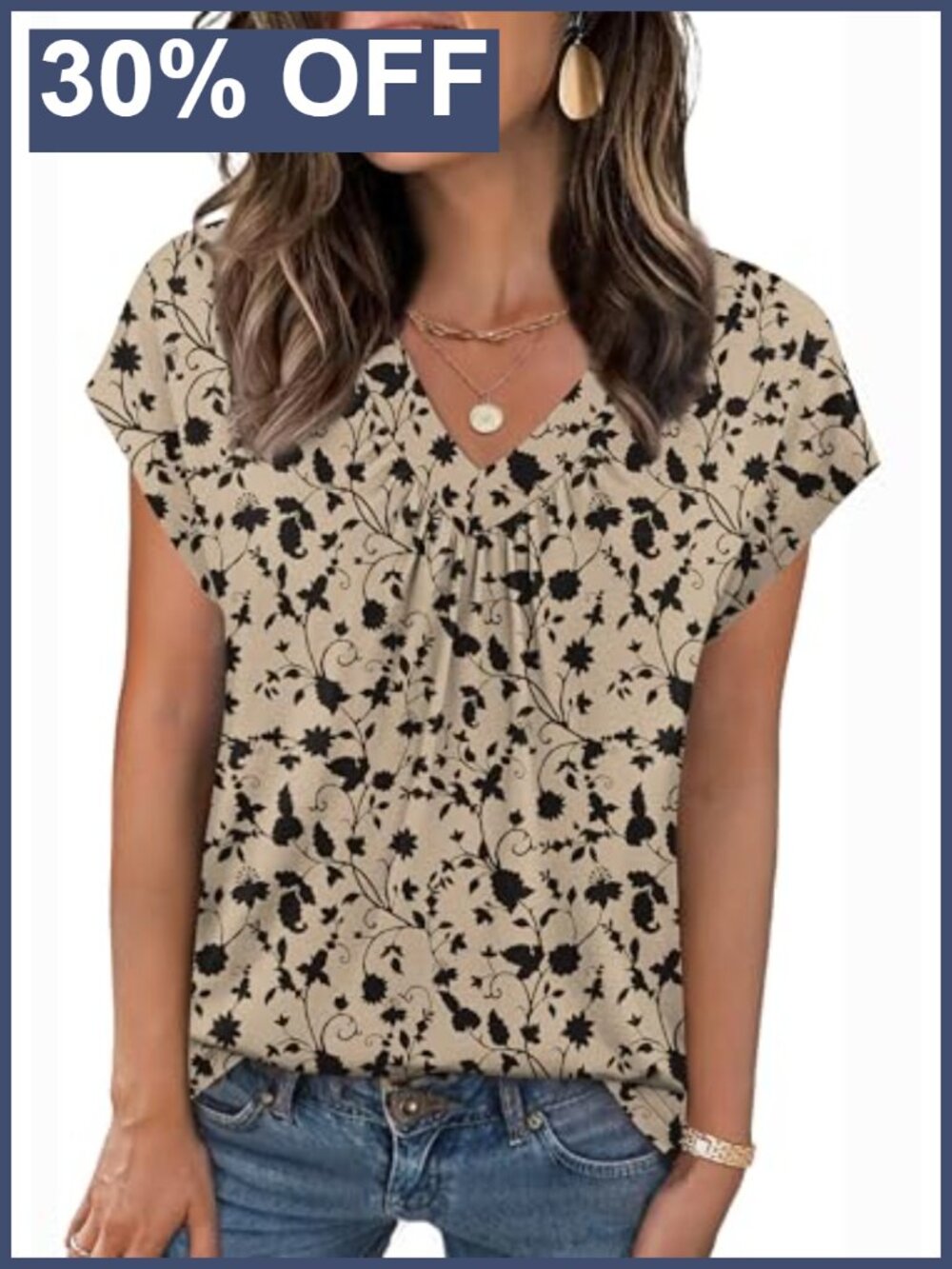 Womens V Neck Short Sleeve Pleated Front Blouse Casual Summer Top
